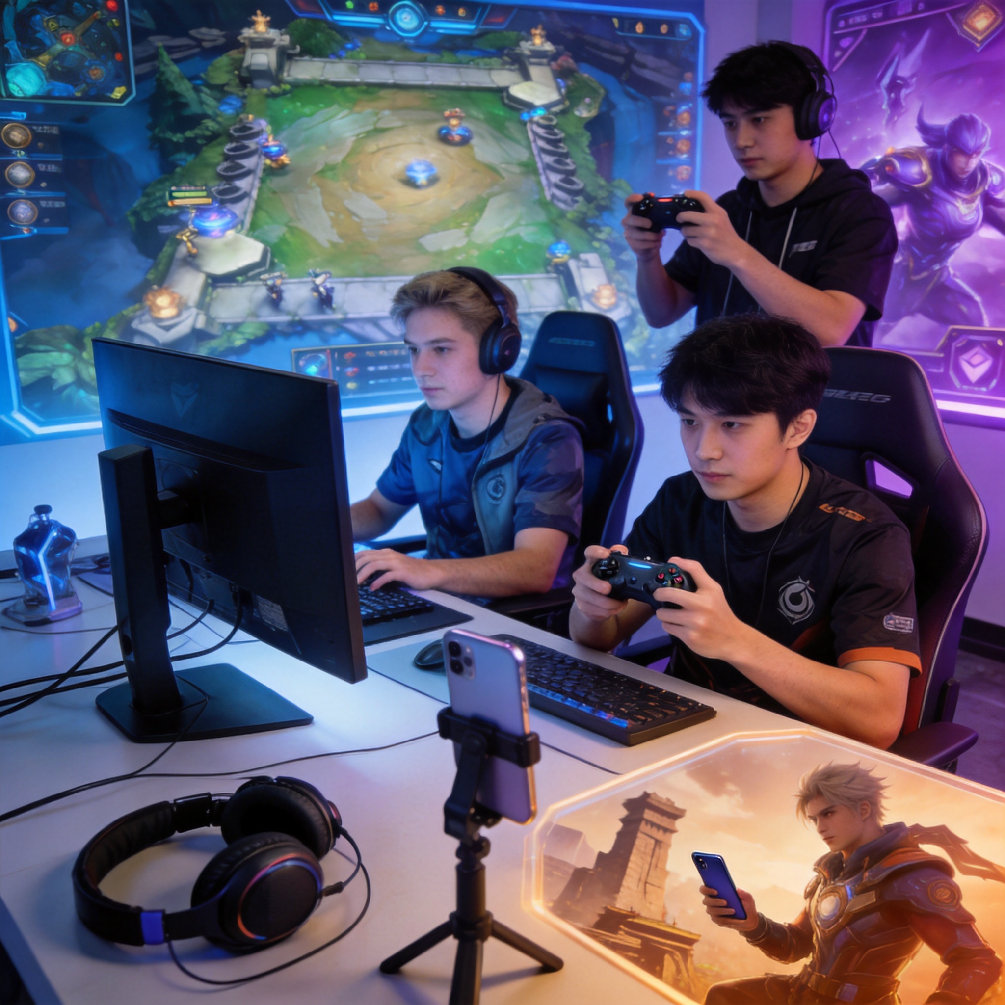 英雄联盟、DOTA2、CS:GO 与王者荣耀等电竞项目画面组合示意
